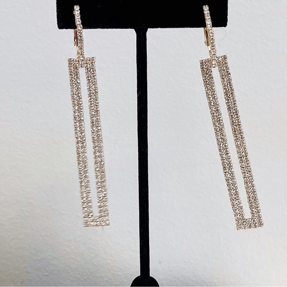 Rose Gold Tone CZ Rectangle Dangle Earrings NEW
